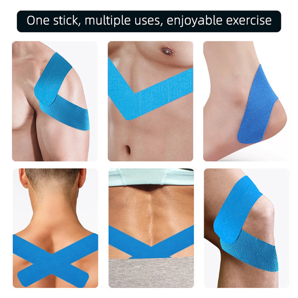 Set de cinta kinesiológica azul mostrada en diversas aplicaciones en brazo, torso y pierna.