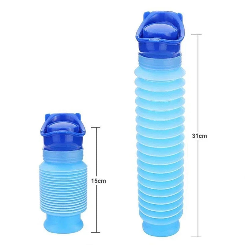 A blue portable telescopic urinal with a layered design shown from the side.