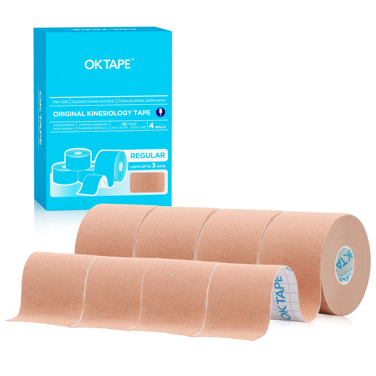 Box and rolls of OKTAPE kinesiology tape for athletic recovery