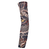 A close-up of a dark patterned sun protection breathable arm sleeve featuring a stylized dragon design.