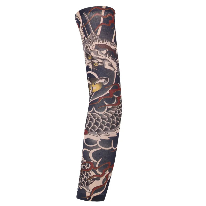 A close-up of a dark patterned sun protection breathable arm sleeve featuring a stylized dragon design.