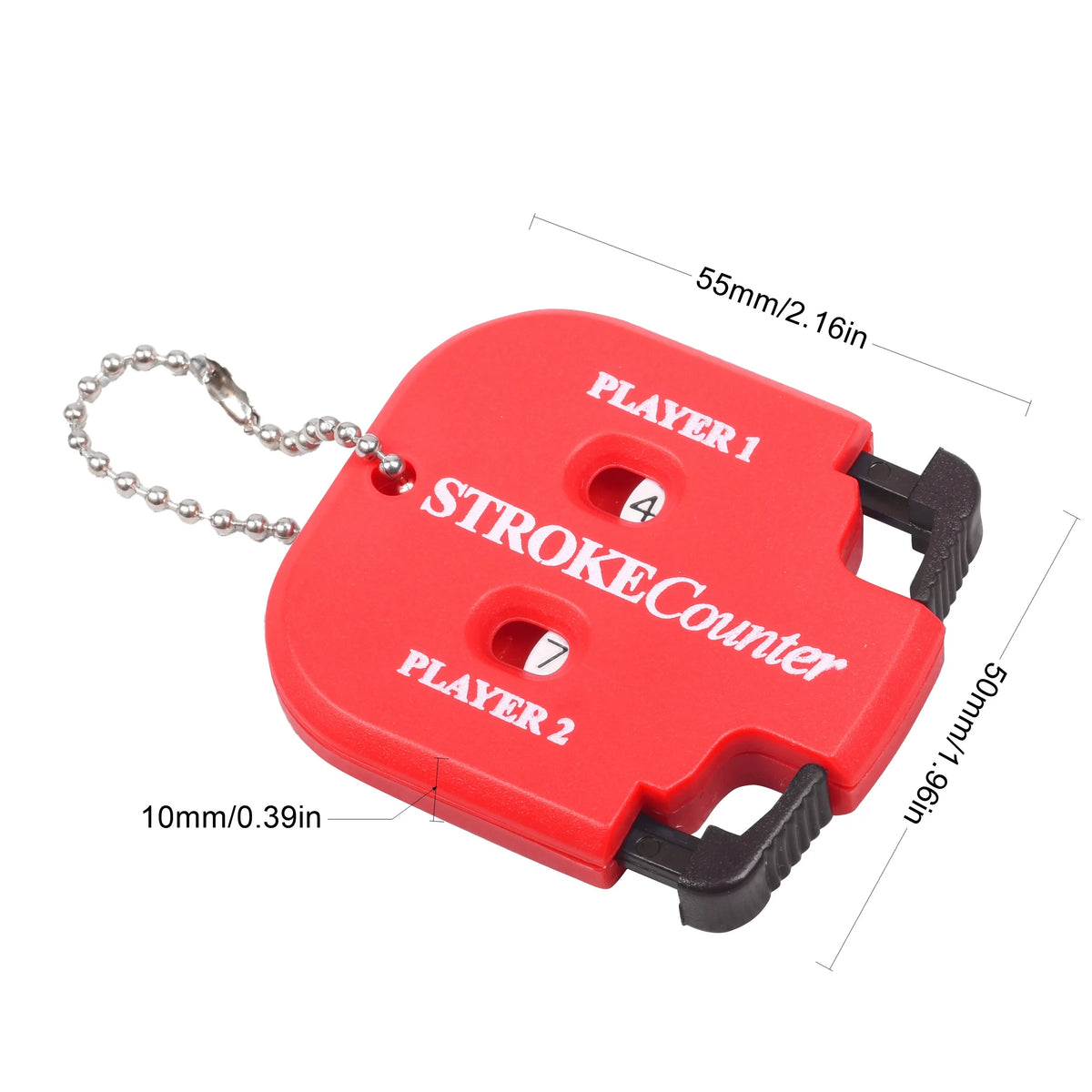 A red portable golf score counter device with player indicators and measurement lines.