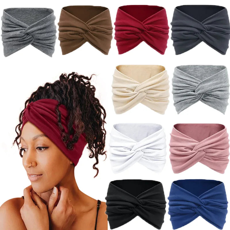 A collection of women's elastic sports headbands in various colors and textures, including gray, brown, red, and black.