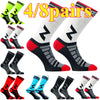 A variety of high-quality compression cycling socks in black, red, and various colors are displayed.