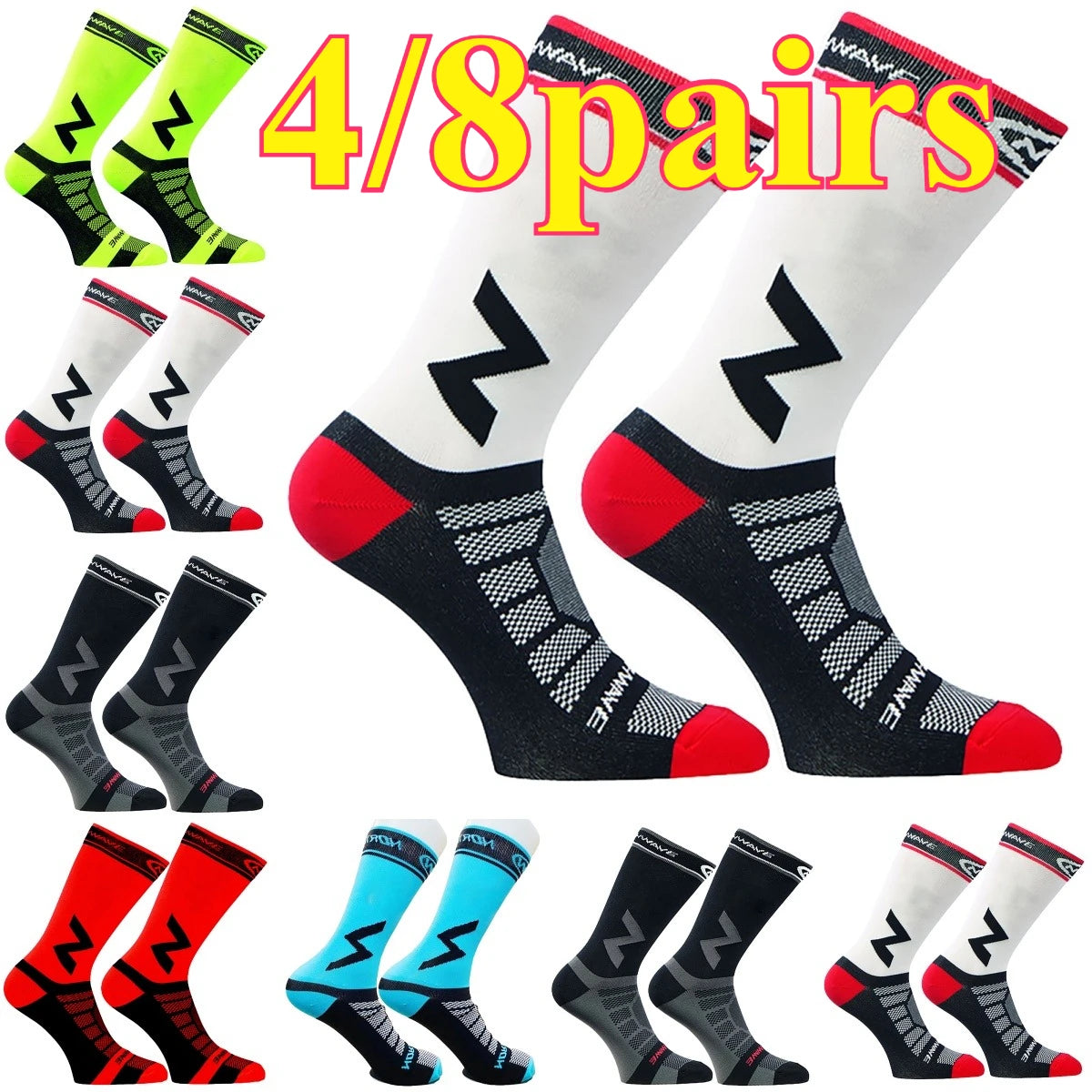 A variety of high-quality compression cycling socks in black, red, and various colors are displayed.