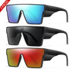 Tres pares de gafas de sol grandes UV400 en tintes azul, negro y naranja.