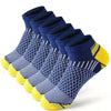 A stack of navy blue and yellow athletic knit ankle socks for men