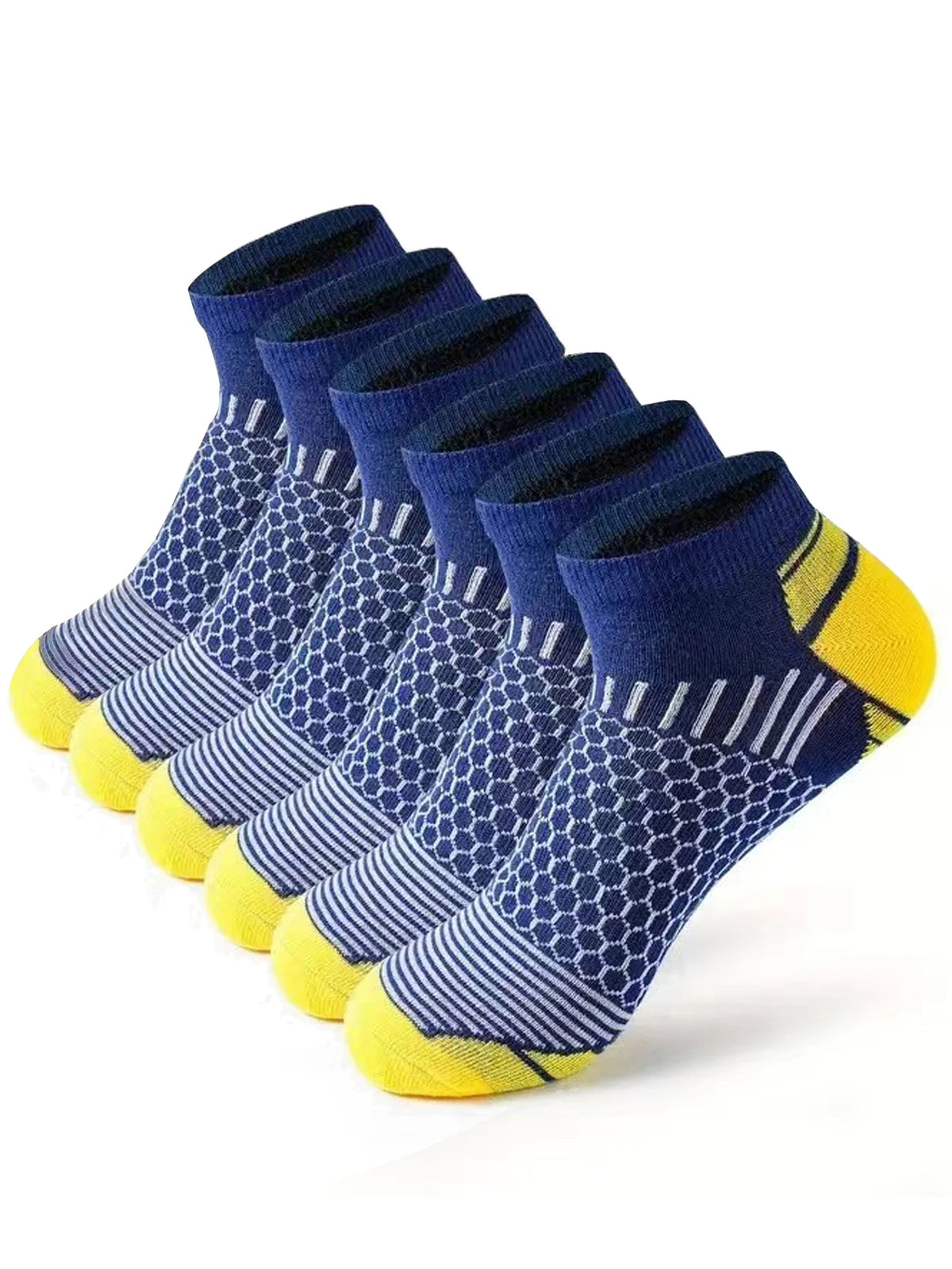 A stack of navy blue and yellow athletic knit ankle socks for men