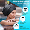 A woman wearing a black silicone swim cap while in water, demonstrating how to put it on.