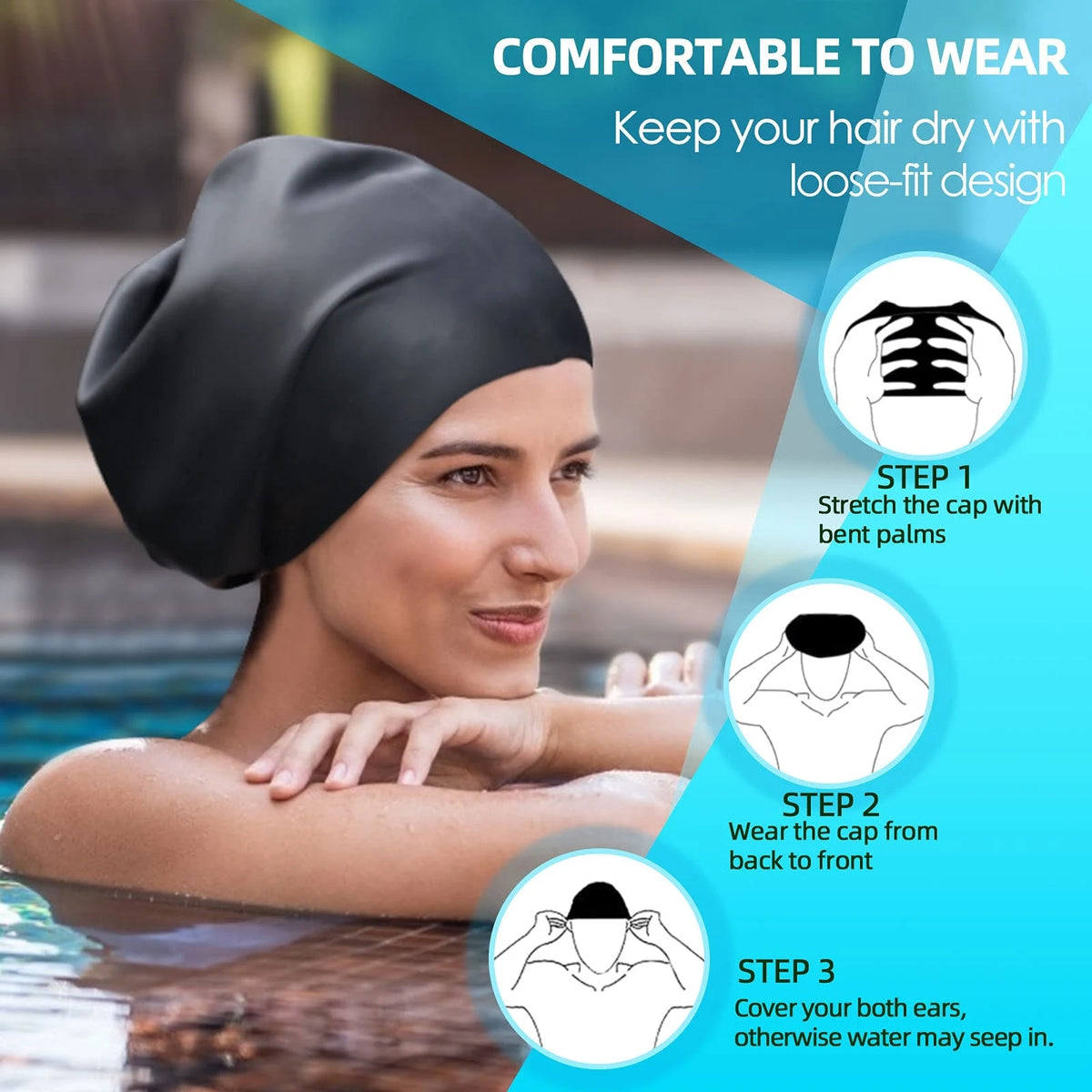 A woman wearing a black silicone swim cap while in water, demonstrating how to put it on.