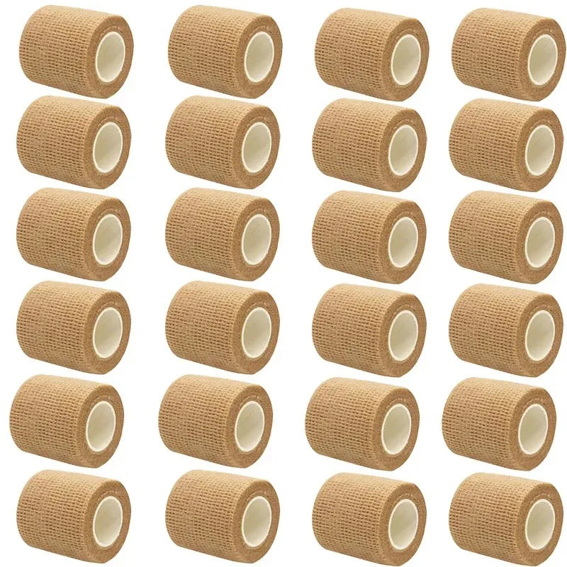 Rolls of beige self-adhesive sports bandages shown in various orientations.
