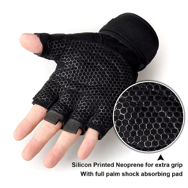 Black silicone printed neoprene workout gloves with a full palm shock absorbing pad