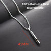 A silver stainless steel whistle pendant necklace displayed on a dark background.
