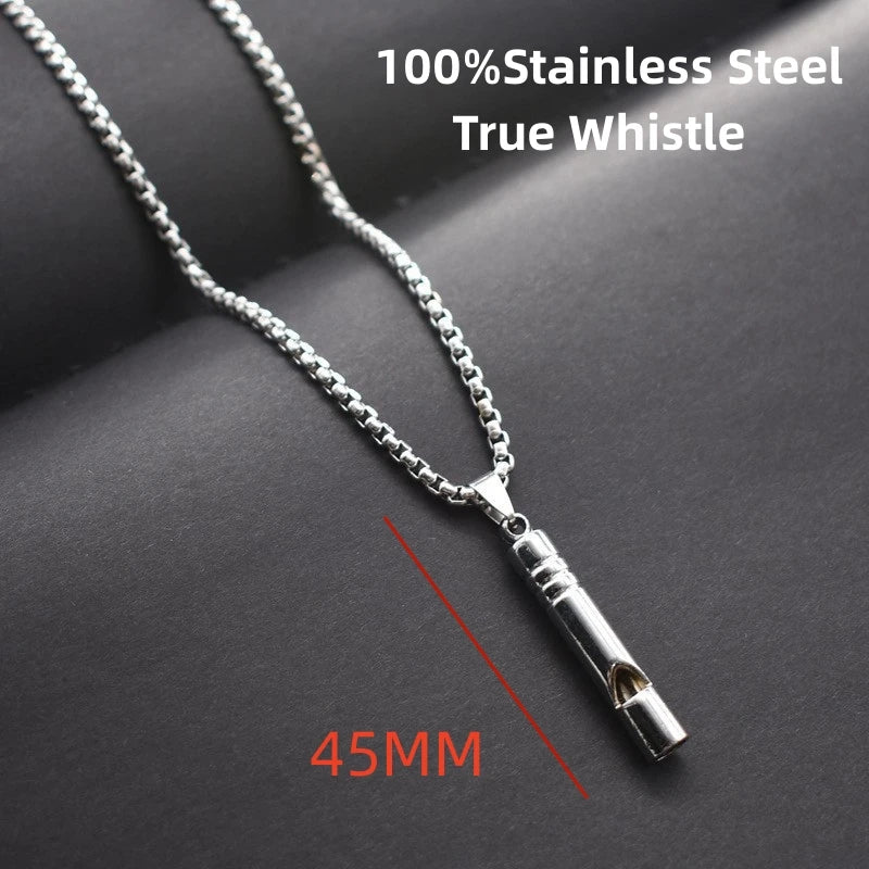 A silver stainless steel whistle pendant necklace displayed on a dark background.