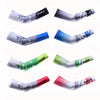 Two pairs of sports arm sleeves in various colors including black, blue, green, and red.