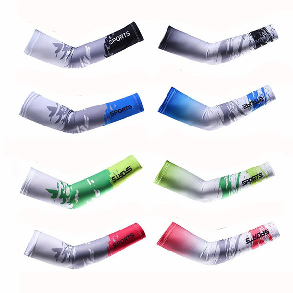 Two pairs of sports arm sleeves in various colors including black, blue, green, and red.
