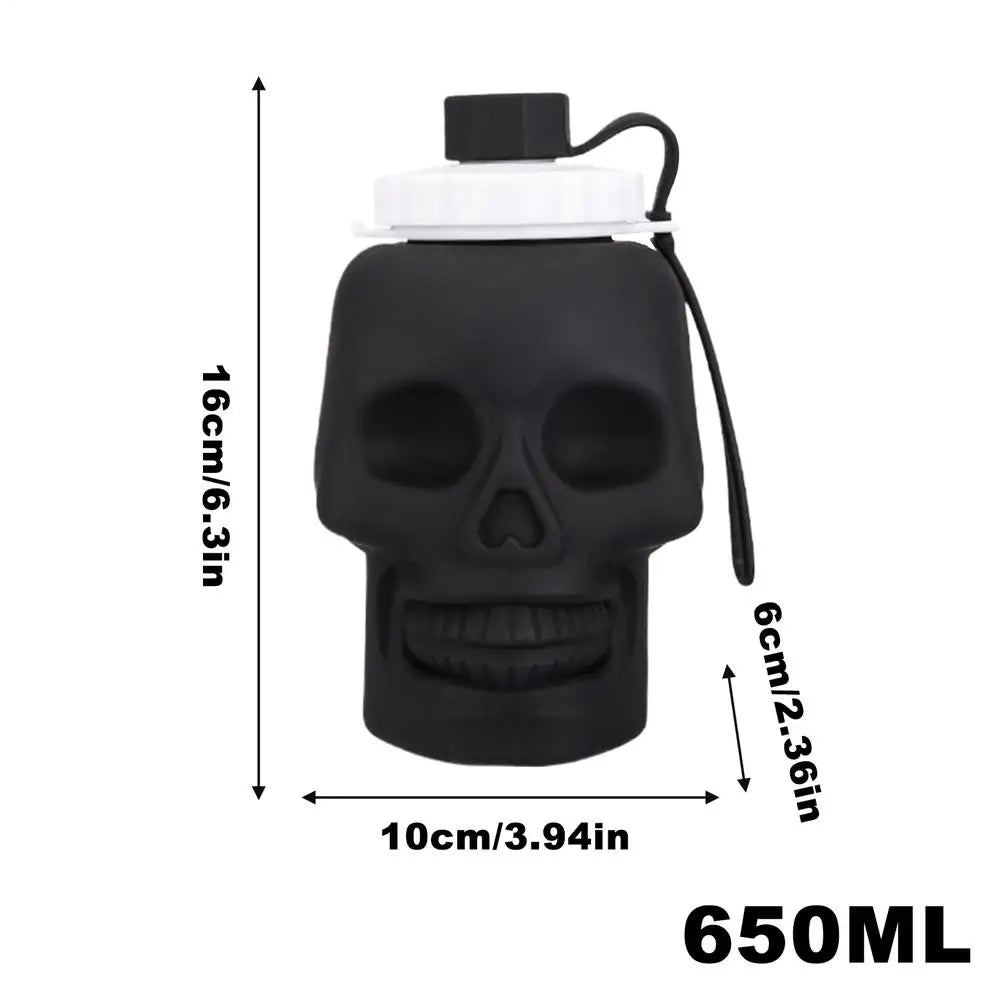 Black skull design leakproof foldable sports water bottle with a black cap and attached hose.