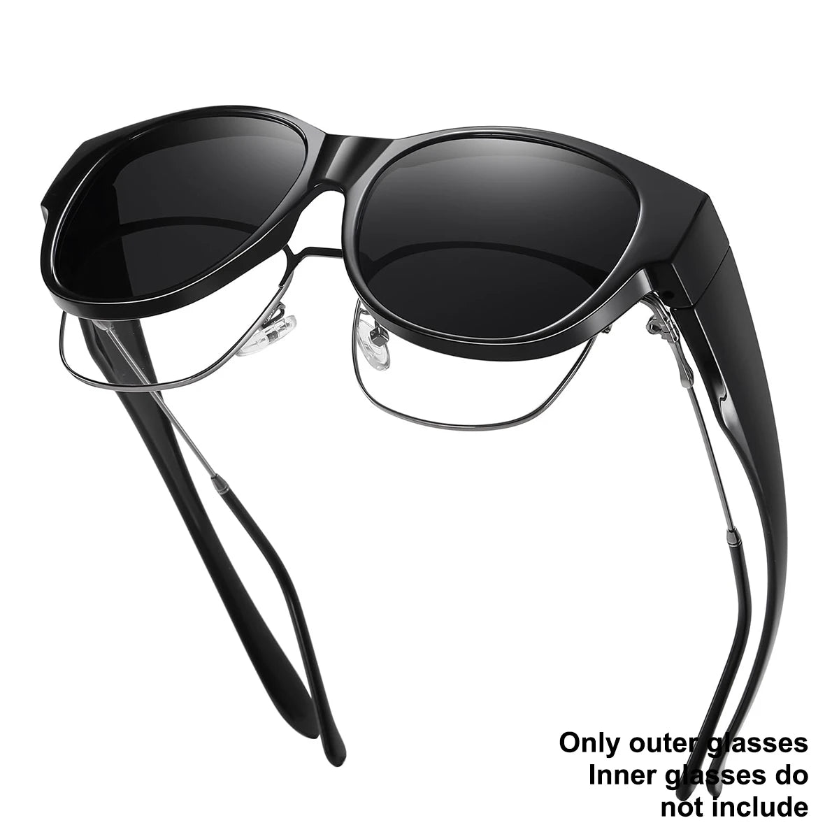 Black wrap-around sunglasses with glasses compatibility shown against a white background.