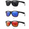 Three pairs of retro style UV protection sunglasses shown in black, blue, and orange lenses.