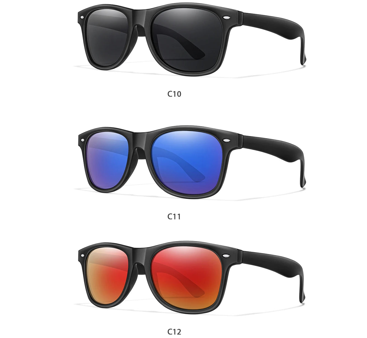 Three pairs of retro style UV protection sunglasses shown in black, blue, and orange lenses.