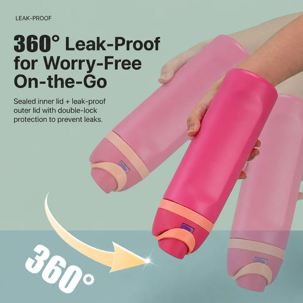Pink leak-proof thermos mug being held, demonstrating 360 degree seal for worry-free on-the-go use.