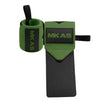 A green wrist support wrap with a black strap and a black rectangular tag labeled MKAS
