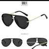 A pair of black retro pilot sunglasses with gold accents shown from the front and back views.