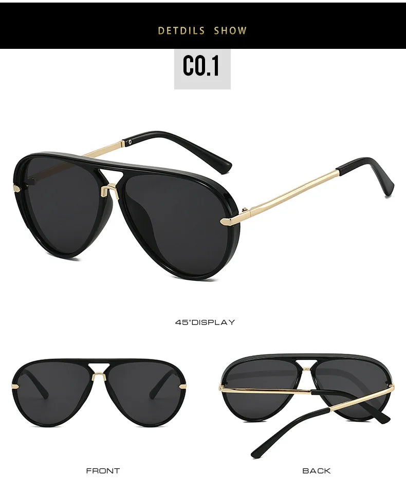 A pair of black retro pilot sunglasses with gold accents shown from the front and back views.