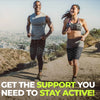 Two people running outdoors on a dirt path, one man and one woman, wearing athletic clothing.