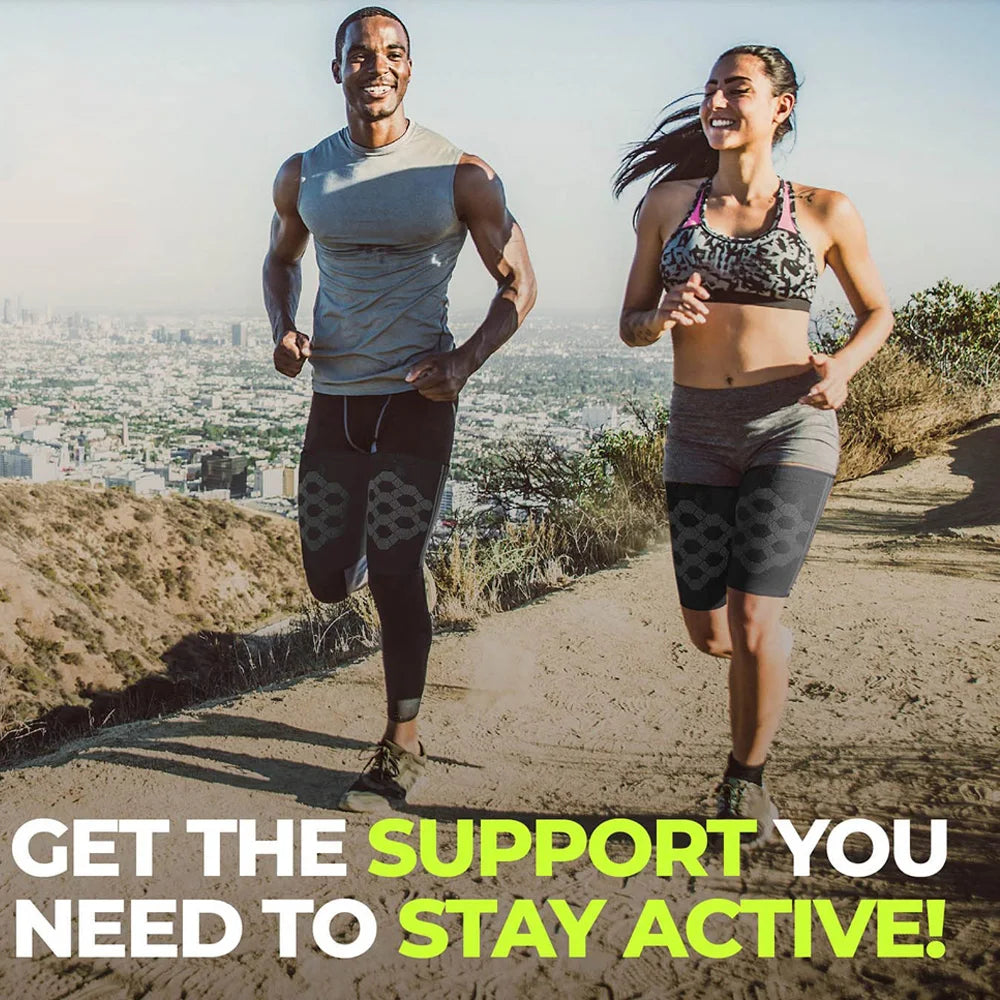 Two people running outdoors on a dirt path, one man and one woman, wearing athletic clothing.