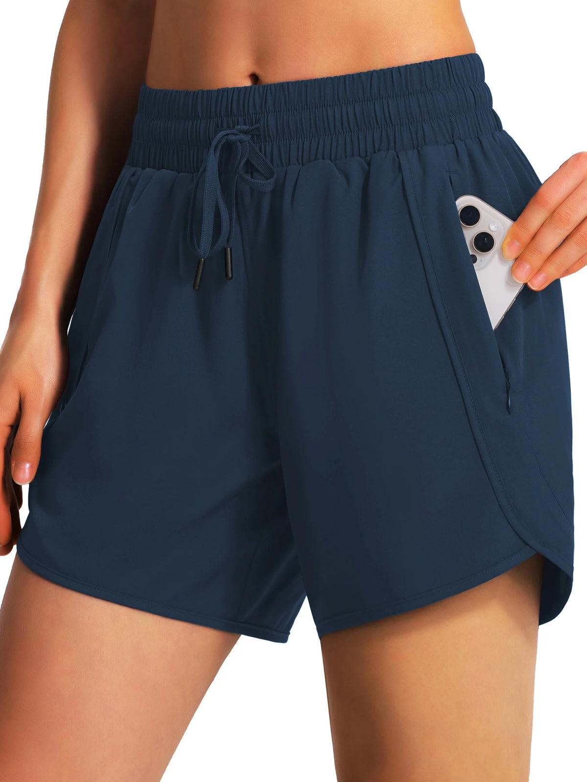 Navy women's quick-dry sports running shorts worn by a model