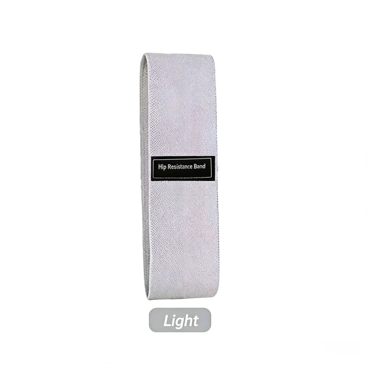 A gray fabric resistance band is shown for glute and leg workouts.