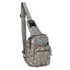 A tactical sling backpack in camouflage pattern with an American flag patch on the front