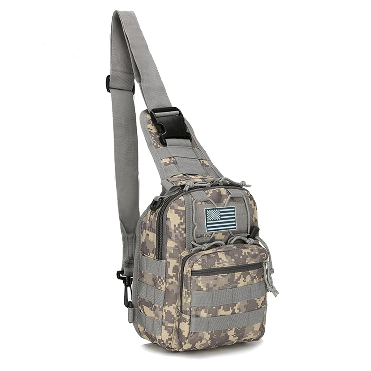 A tactical sling backpack in camouflage pattern with an American flag patch on the front