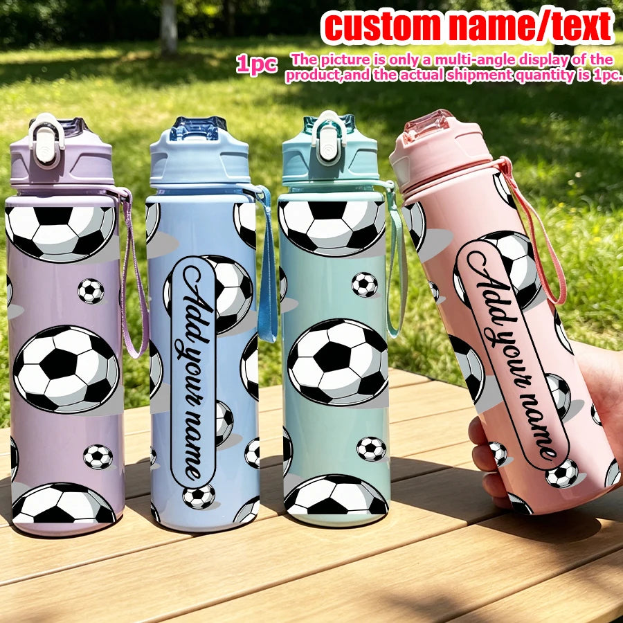 Three colorful multi-angle display bottles of personalized football water bottles are shown on a wooden surface.