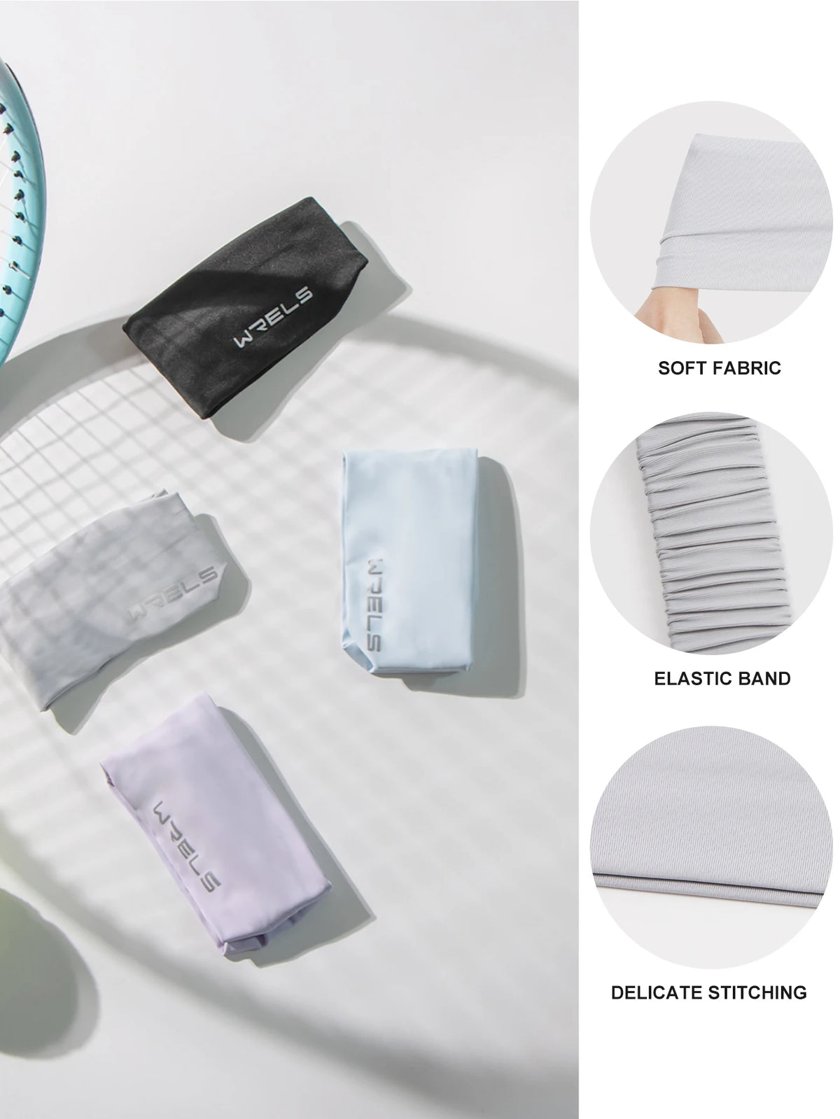 A collection of gray and light blue elastic sports headbands shown with close-ups detailing soft fabric and delicate stitchin