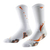 A pair of white athletic socks with orange and gray patterns, shown from the side.