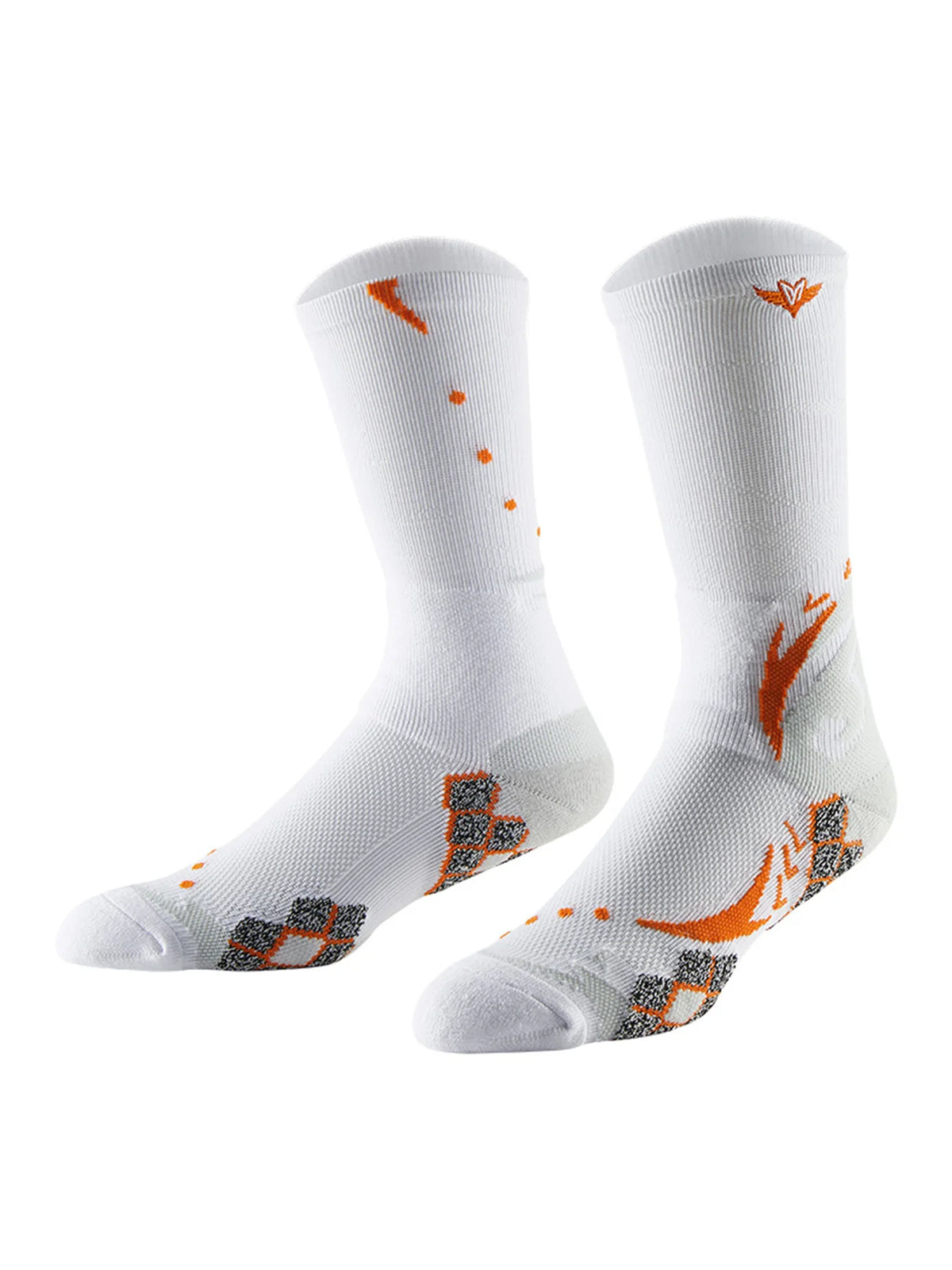 A pair of white athletic socks with orange and gray patterns, shown from the side.