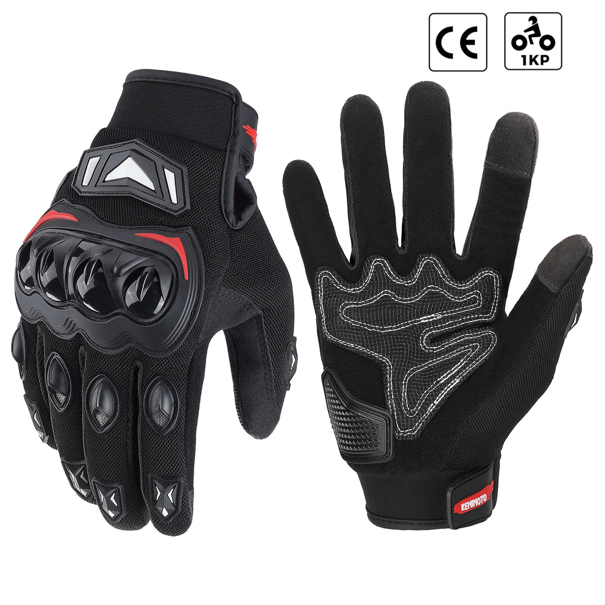 Gants tactiques noirs pour moto, avec logos de certification CE et 1KP.