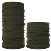Two rolled seamless fabric headbands or balaclavas in olive green.