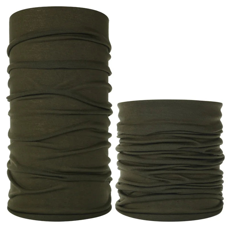Two rolled seamless fabric headbands or balaclavas in olive green.