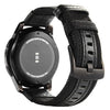 A black Samsung Gear S3 Frontier watch with a black nylon quick release band.