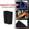 Black thermogenic polymer fabric compression bands shown with close-ups of heat trapping and reinforced stitching