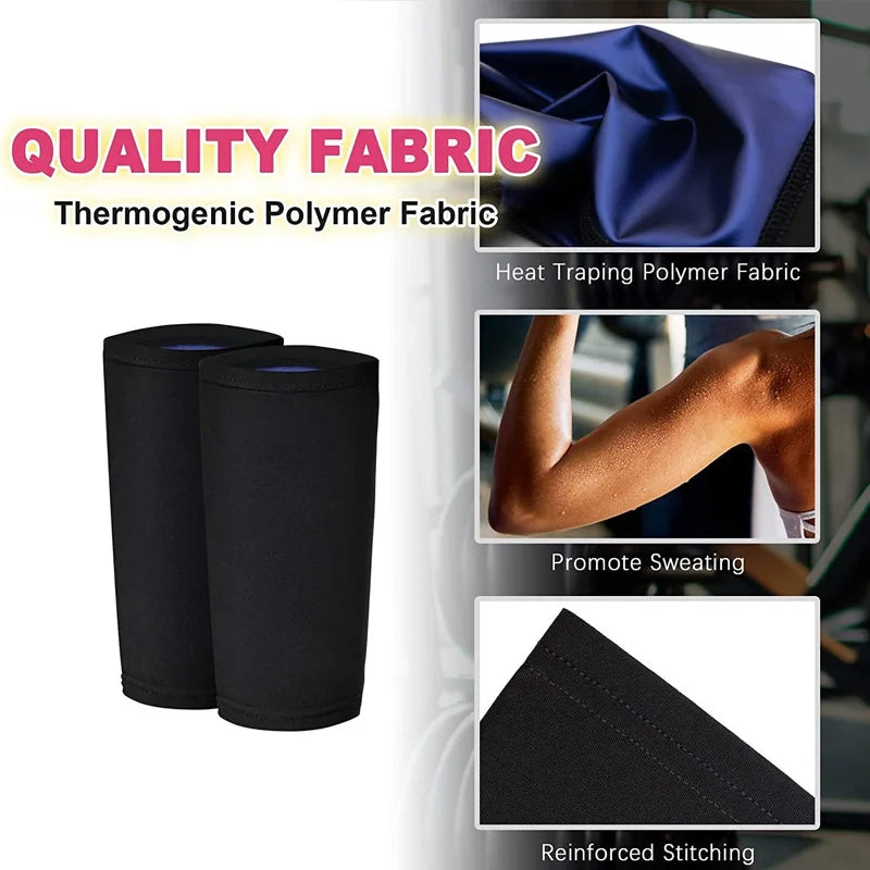 Black thermogenic polymer fabric compression bands shown with close-ups of heat trapping and reinforced stitching