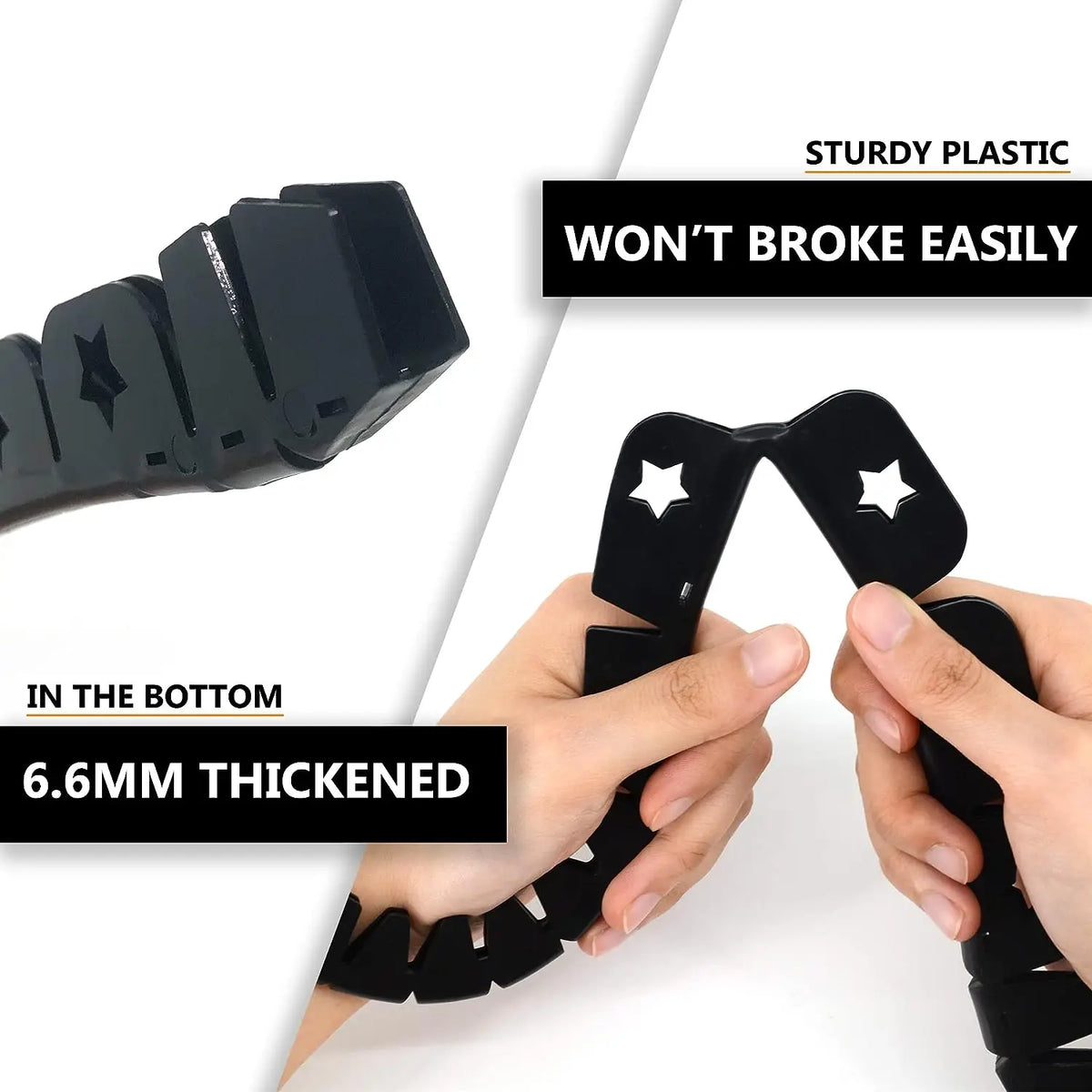 Une main tient une gaine protectrice en plastique noir et durable pour bâton de hockey avec des poignées en forme d'étoile.