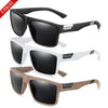 Three pairs of polarized square sunglasses in black, white, and brown shades