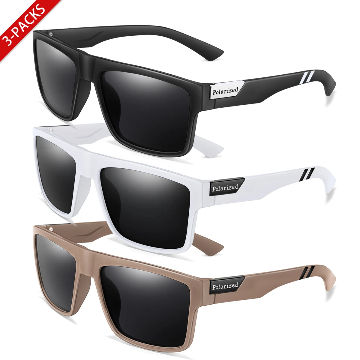 Three pairs of polarized square sunglasses in black, white, and brown shades