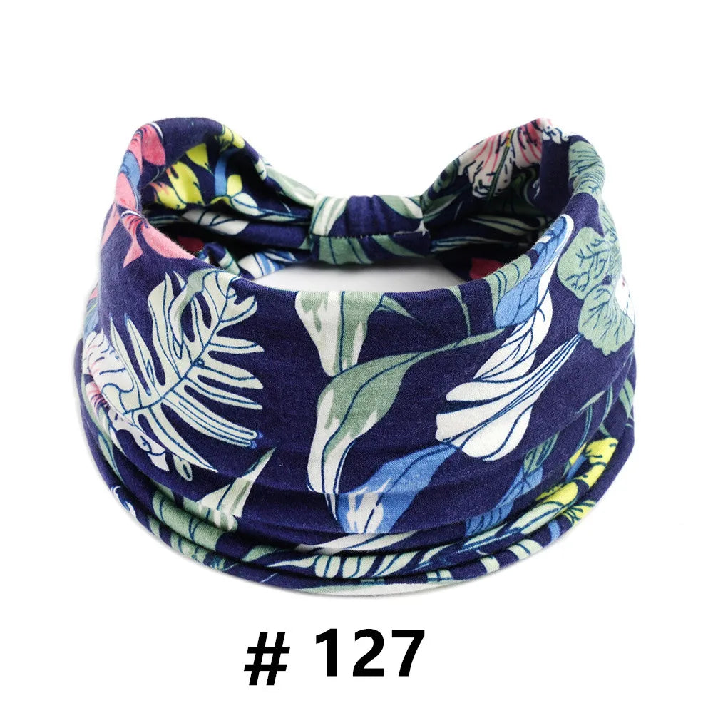 Bandeau en coton élastique bleu marine à motif floral, noué en nœud
