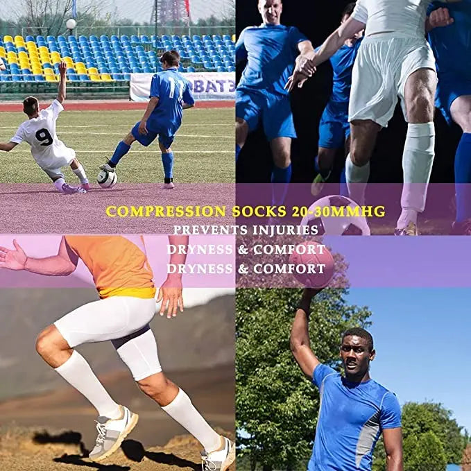 A collection of medical grade compression socks shown in various colors and contexts, emphasizing dryness and comfort for inj