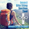 A woman is shown using an insect bite sting suction tool while wearing a backpack in an outdoor setting.